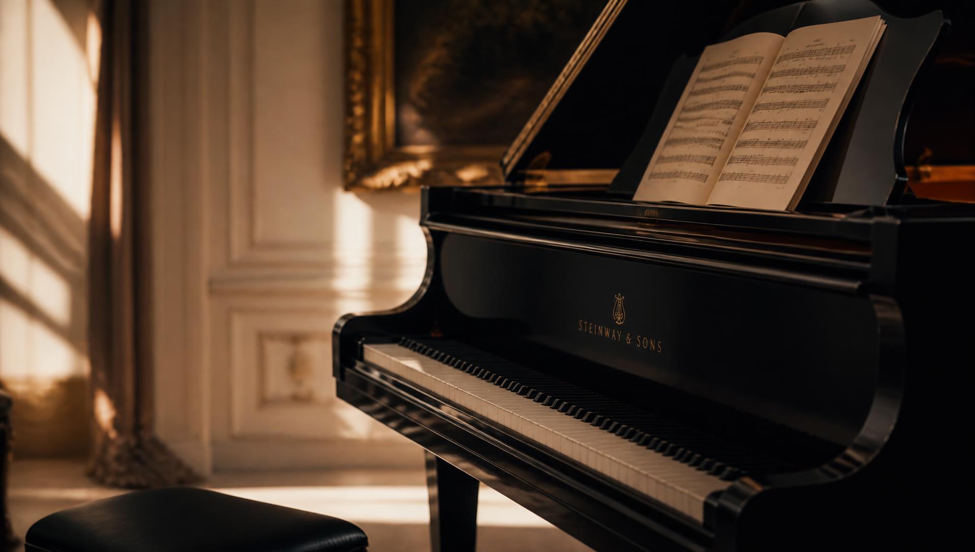 Piano à queue dans une lumière chaude, prêt pour un cours de piano